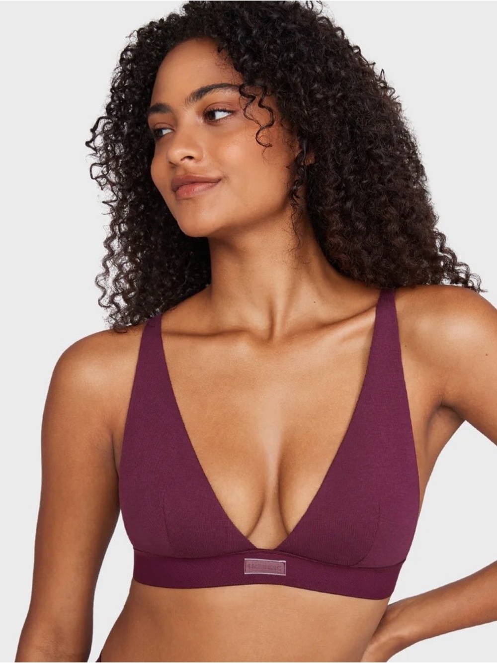INLYRIC cotton rib plunge wireless bra bralette maroon stretchy adjustable M